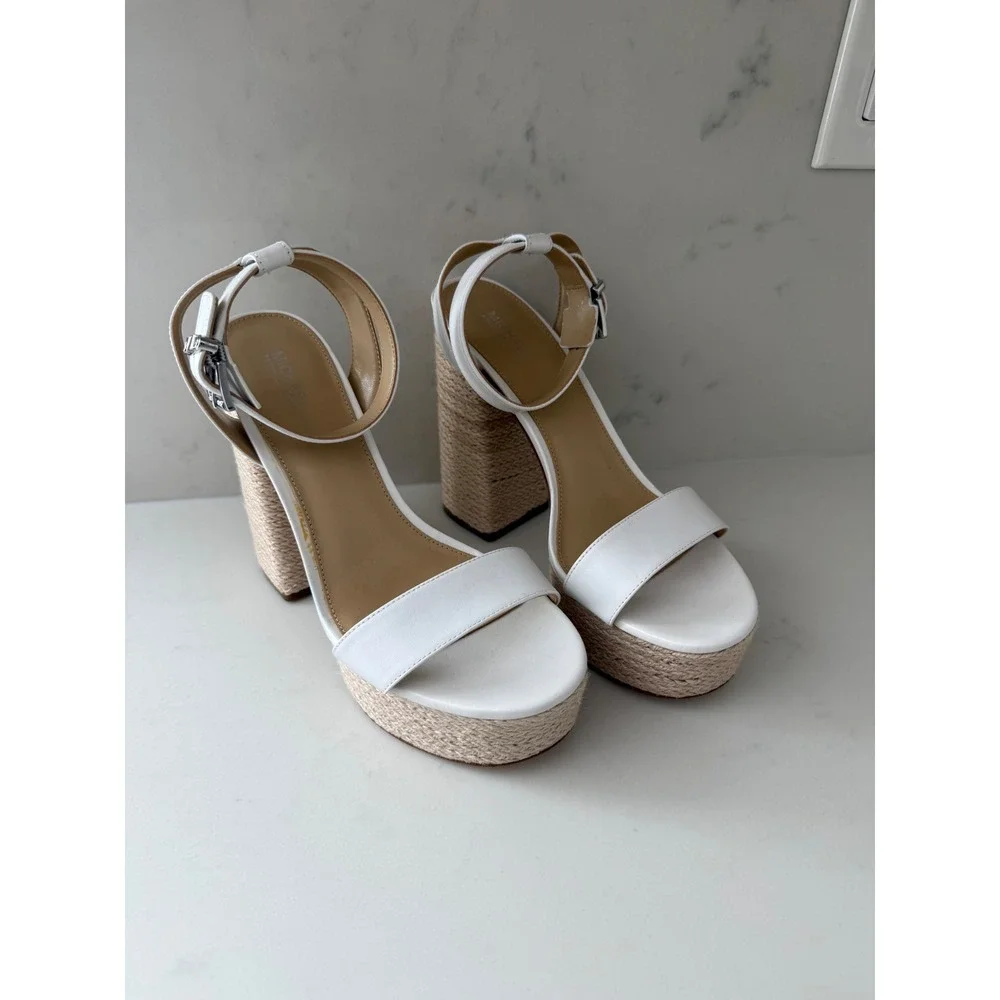 Michael Kors Ashton Platform Sandals Optic White Leather  Block Heel 7.5